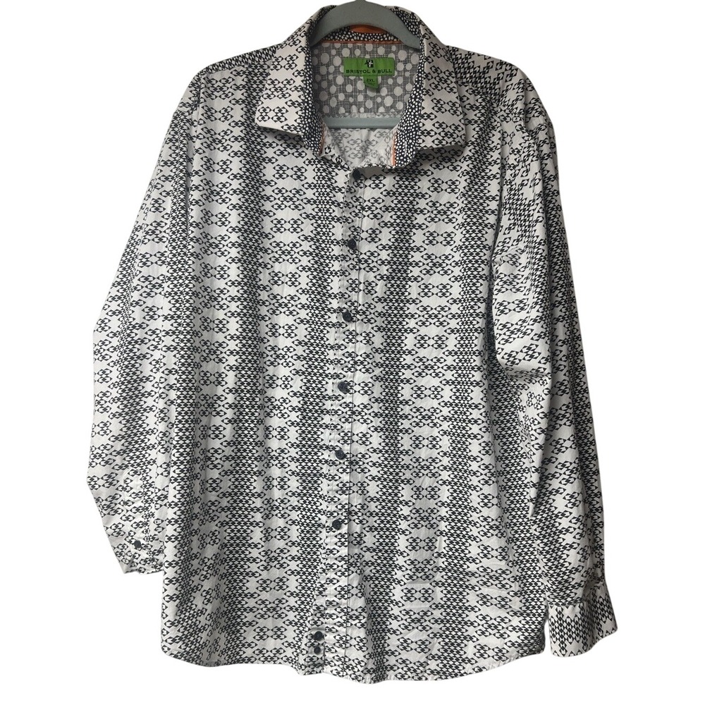 Bristol & Bull Mens 2XL Flip Cuff ButtonUp Shirt Black White Pattern Long Sleeve